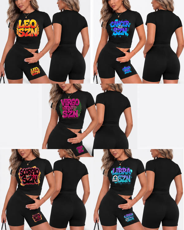 Zodiac SZN Two-Piece Short Set | Birthday Outfit | Astrology Graphic Top & Biker Shorts